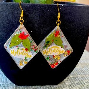XMAS Festive Handmade Large Pressed Flower Earrings Holiday Vibes White Diamond